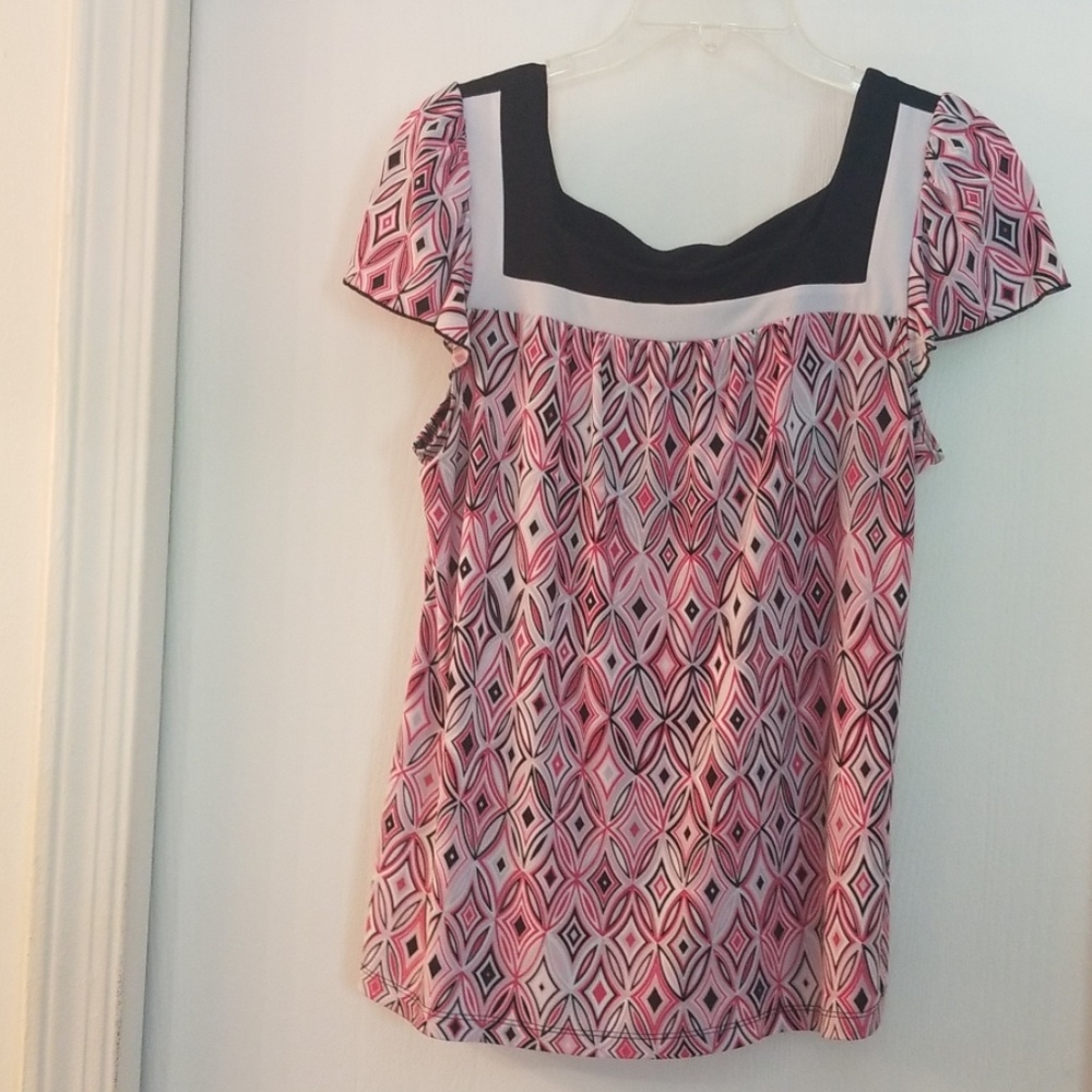 Pink, black, white blouse. Size Large.